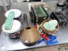 MIXED LOT: ASSORTED MUSICAL INSTRUMENTS COMPRISING TWO ACCORDIONS, BONGOS, TWO TAMBOURINES, A