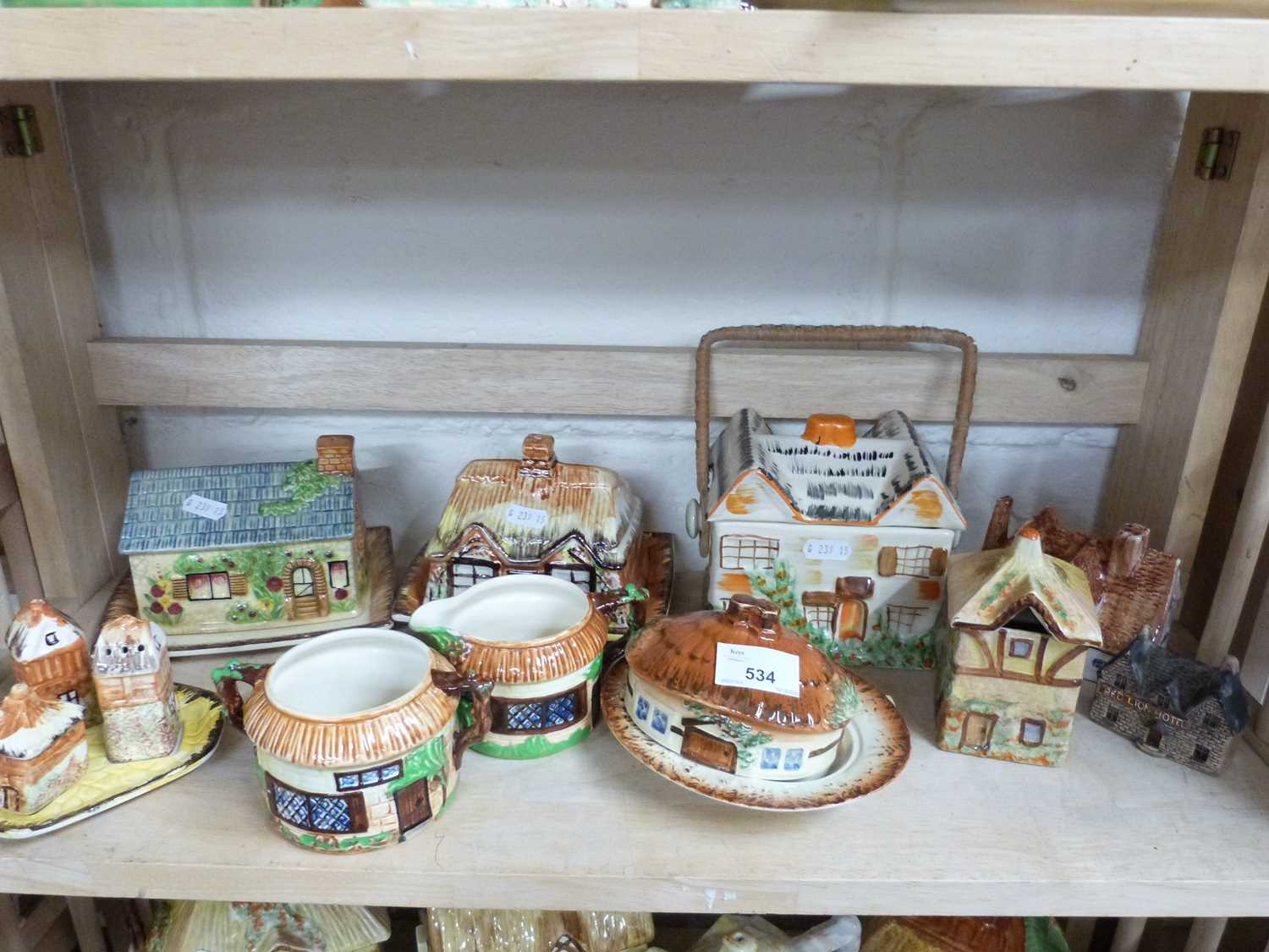 MIXED LOT: VARIOUS COTTAGE WARE FORMED CHEESE DISHES, BISCUIT BARREL, CRUET ETC