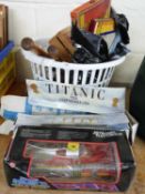 BASKET OF MIXED ITEMS TO INCLUDE VARIOUS ASSORTED GAMES, MODEL TITANIC AND OTHER ITEMS