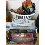 BASKET OF MIXED ITEMS TO INCLUDE VARIOUS ASSORTED GAMES, MODEL TITANIC AND OTHER ITEMS