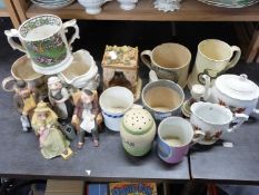MIXED LOT: ASSORTED CERAMICS TO INCLUDE VICTORIAN MUGS, VARIOUS ORNAMENTS, SUGAR SIFTER ETC