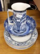 MIXED LOT: JAPANESE BLUE AND WHITE BOWL, VARIOUS PLATES AND A FLORAL DECORATED JUG