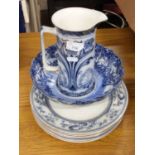 MIXED LOT: JAPANESE BLUE AND WHITE BOWL, VARIOUS PLATES AND A FLORAL DECORATED JUG