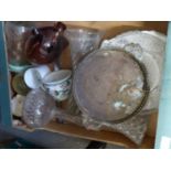 ONE BOX OF VARIOUS DECANTERS, GLASS VASES ETC