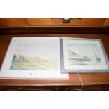 J PITTS WATERCOLOUR STUDY, RURAL SCENE AND A FURTHER WATERCOLOUR, HARBOUR SCENE (2)