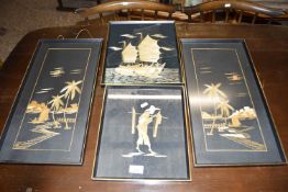 GROUP OF FOUR VARIOUS CHINESE BAMBOO PICTURES FRAMED