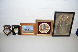 MIXED LOT: REPRODUCTION MINIATURE PICTURE, VARIOUS OTHER PICTURES, SMALL PLAQUE MARKED GANGES