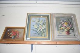TWO CONTEMPORARY OIL STUDIES ORCHIDS AND A SPRAY OF FLOWERS IN A VASE TOGETHER WITH A FURTHER