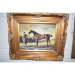 REPRODUCTION OLEOGRAPH PRINT, RACE HORSE, GILT FRAMED