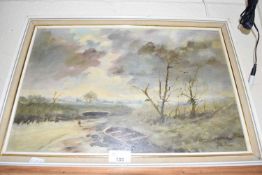 JOHN BOWE STUDY OF A RIVER SCENE WITH BOATS, OIL ON BOARD, FRAMED