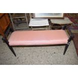 LATE VICTORIAN SMALL DUET STOOL OR WINDOW SEAT WITH EBONISED FRAME AND PINK UPHOLSTERY