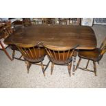 DARK ERCOL REFECTORY TYPE DINING TABLE AND SIX STICK BACK CHAIRS