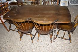 DARK ERCOL REFECTORY TYPE DINING TABLE AND SIX STICK BACK CHAIRS