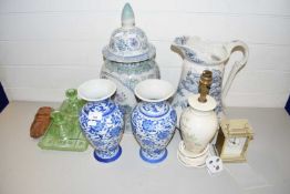MIXED LOT: VARIOUS VASES, GLASS DRESSING TABLE SET, TABLE LAMP ETC
