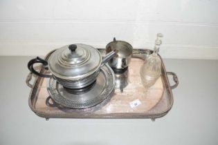 MIXED LOT: SILVER PLATED SERVING TRAY AND OTHER ASSORTED ITEMS