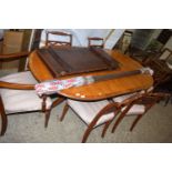 REPRODUCTION YEW WOOD VENEERED TWIN PEDESTAL DINING TABLE AND SIX ACCOMPANYING CHAIRS