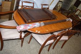 REPRODUCTION YEW WOOD VENEERED TWIN PEDESTAL DINING TABLE AND SIX ACCOMPANYING CHAIRS
