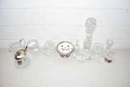 COLLECTION OF VARIOUS SMALL GLASS WARE, VASES, PRESERVE POT ETC