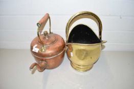 COPPER KETTLE AND A SMALL BRASS COAL PAIL