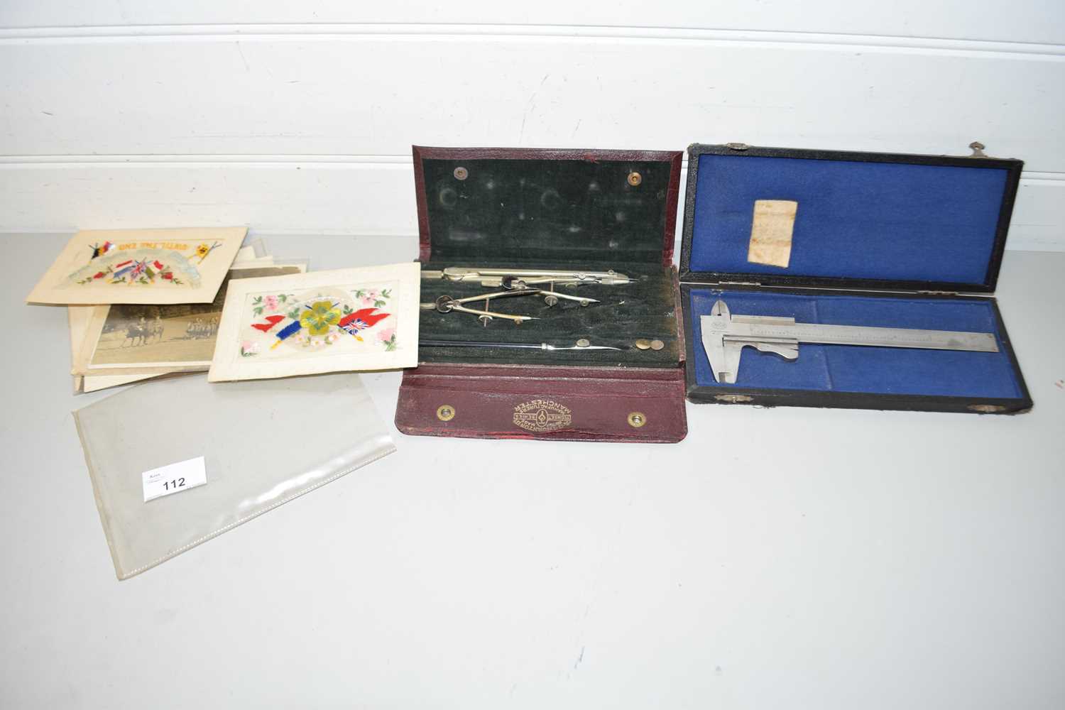 CASED HELIOS CALIPER TOGETHER WITH VINTAGE TECHNICAL DRAWING INSTRUMENTS AND FIRST WORLD WAR SILK