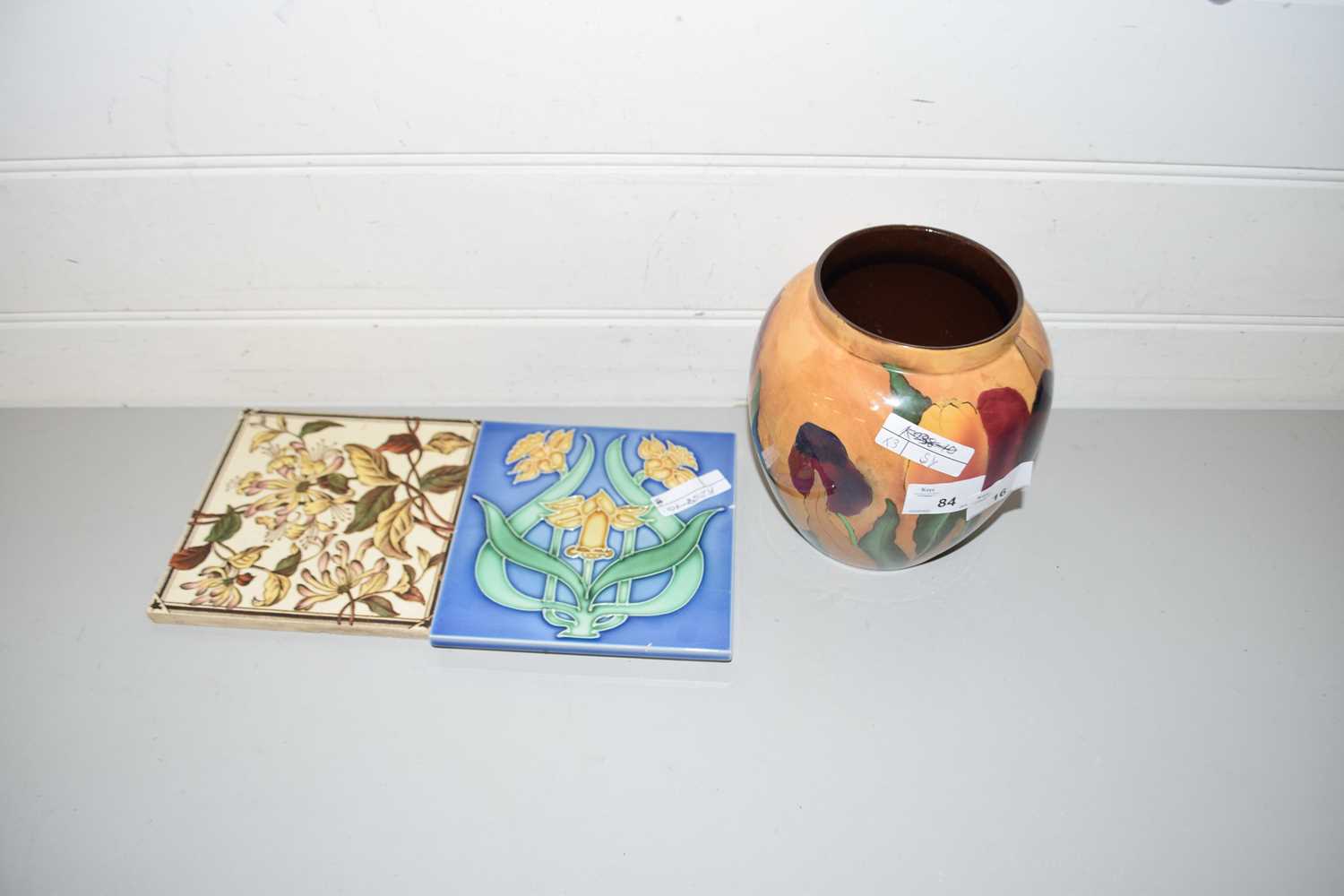 ROYAL STANLEY VASE TOGETHER WITH TWO DECORATE TILES