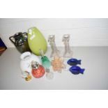 MIXED LOT: GLASS VASES, GLASS CANDLESTICKS, LIGHT SHADE AND OTHER ASSORTED ITEMS