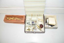 MIXED LOT: THREE SMALL BOXES OF VARIOUS COSTUME JEWELLERY, BASE METAL NAVY RELATED BROOCHES,
