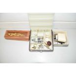 MIXED LOT: THREE SMALL BOXES OF VARIOUS COSTUME JEWELLERY, BASE METAL NAVY RELATED BROOCHES,