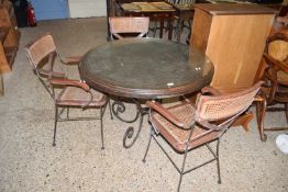 IRON FRAMED AND GLASS TOPPED DINING TABLE TOGETHER WITH THREE CHAIRS (4)