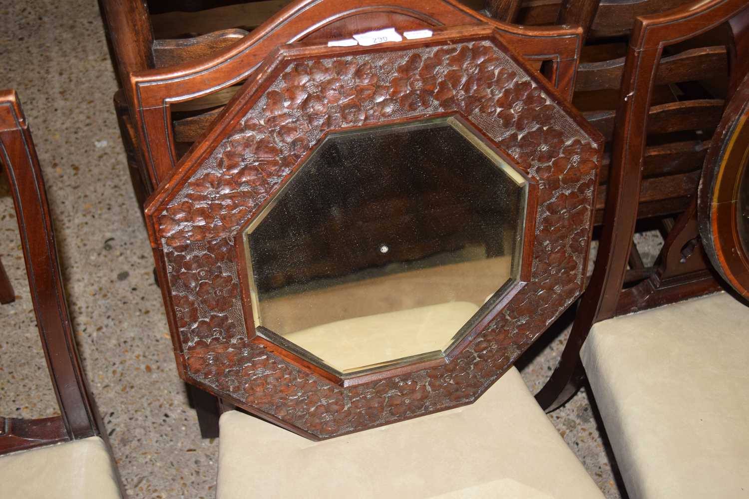 OCTAGONAL HARDWOOD FRAMED WALL MIRROR WITH FLORAL DECORATION