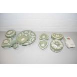 MIXED LOT: GREEN WEDGWOOD JASPER WARES AND A CRESTED MODEL TANK