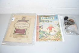 BOX OF VARIOUS ASSORTED ROYALTY COMMEMORATIVE MEDALS AND OTHERS PLUS RUPERT AND SNUFFY MAGAZINE
