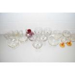 COLLECTION OF VARIOUS CHAMPAGNE BOWLS, SUNDAE GLASSES AND OTHER DRINKING GLASSES