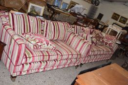 PAIR OF DURESTA TWO SEATER SOFAS WITH STRIPED UPHOLSTERY