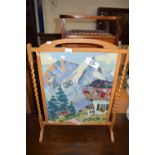 FIRE SCREEN DECORATED WITH A TAPESTRY PANEL OF A ALPINE SCENE