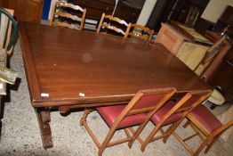 20TH CENTURY RECTANGULAR DRAW LEAF DINING TABLE TOGETHER WITH SIX DINING CHAIRS, THE TABLE IS 183 CM