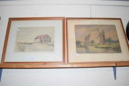 STUART BULLMORE 'THE COAL BARN THORNHAM', WATERCOLOUR, TOGETHER WITH 'FRAMPTON' STUDY OF A BROADLAND