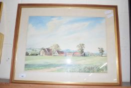 PETER MERRIN STUDY OF A FARMHOUSE AND BARNS, WATERCOLOUR, FRAMED AND GLAZED