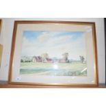 PETER MERRIN STUDY OF A FARMHOUSE AND BARNS, WATERCOLOUR, FRAMED AND GLAZED