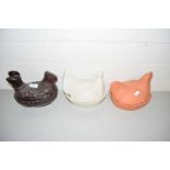THREE VARIOUS POTTERY HEN SHAPED EGG CONTAINERS