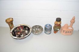 MIXED LOT: VARIOUS ORNAMENTS, VASES, POTTERY MODEL OF A MOSQUE, METAL JELLY MOULD ETC