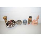 MIXED LOT: VARIOUS ORNAMENTS, VASES, POTTERY MODEL OF A MOSQUE, METAL JELLY MOULD ETC