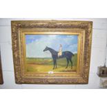 CONTEMPORARY SCHOOL OIL ON BOARD STUDY OF HORSE AND JOCKEY, GILT FRAMED