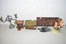 MIXED LOT: CANDLEABRA, WALL PLAQUE, POTTERY TABLE LAMP BASE AND OTHER ITEMS