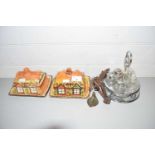 MIXED LOT: COTTAGE WARE, BUTTER DISHES, VINTAGE IRON SPURS AND A CRUET