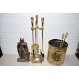 MIXED LOT: BRASS COAL BIN, VARIOUS ASSORTED FIRE TOOLS