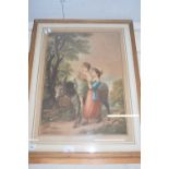 COLOURED PRINT, MOTHER AND CHILD WITH DONKEY, SIGNED W A COX IN PENCIL TO THE MARGIN AND BEARING