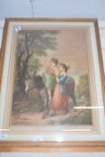 COLOURED PRINT, MOTHER AND CHILD WITH DONKEY, SIGNED W A COX IN PENCIL TO THE MARGIN AND BEARING