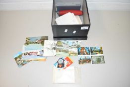 BOX OF VARIOUS ASSORTED PENS, POSTCARDS ETC