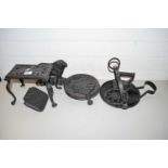 COLLECTION OF VARIOUS IRON WARES TO INCLUDE TRIVET, PIERCED PLATES, DOORSTOP, FLAT IRON GRIDDLE